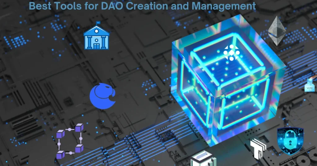 A futuristic blockchain cube surrounded by DAO-related icons, symbolizing decentralized governance and Web3 tools.