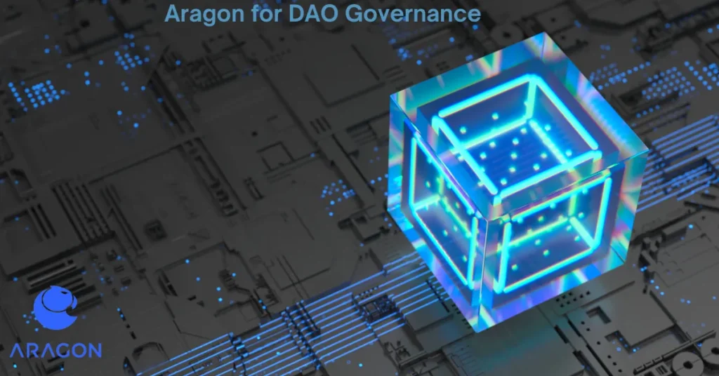 3D image representing Aragon for DAO governance with a glowing cube and blockchain elements in the background, showcasing Aragon's innovative role in decentralized management.