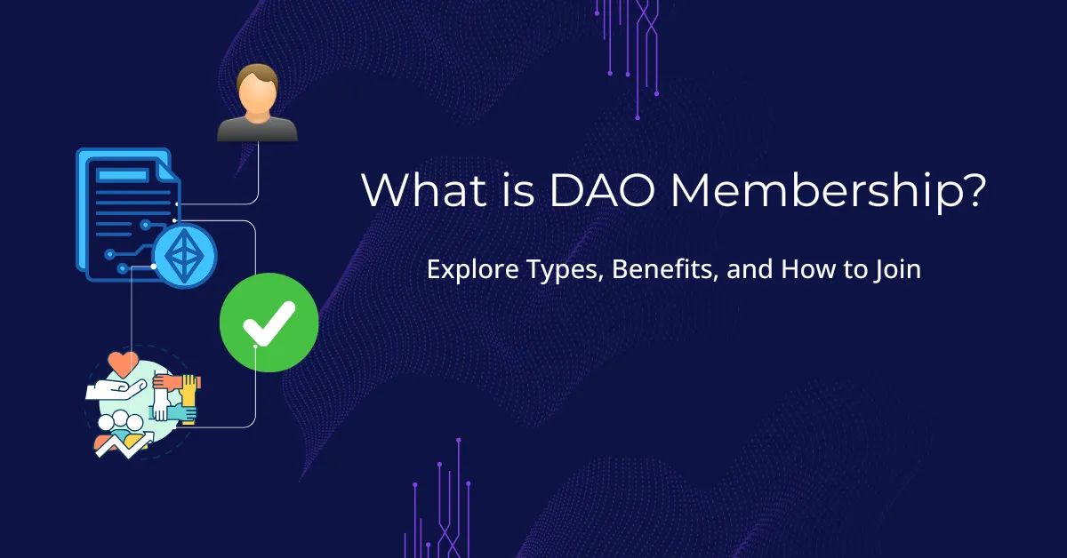 Illustration showing DAO membership concept with icons of a person, blockchain contract, Ethereum logo, and a green checkmark, representing participation and approval.