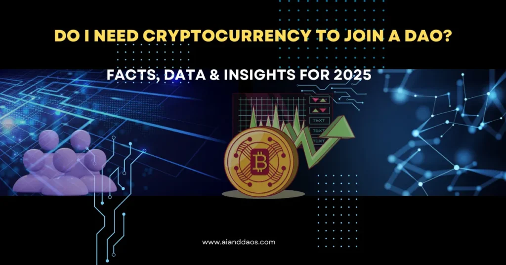 Infographic showing a Bitcoin symbol and DAO network icon with the title "Do I Need Cryptocurrency to Join a DAO? Facts, Data & Insights for 2025" on a dark tech-themed background with digital graphics.