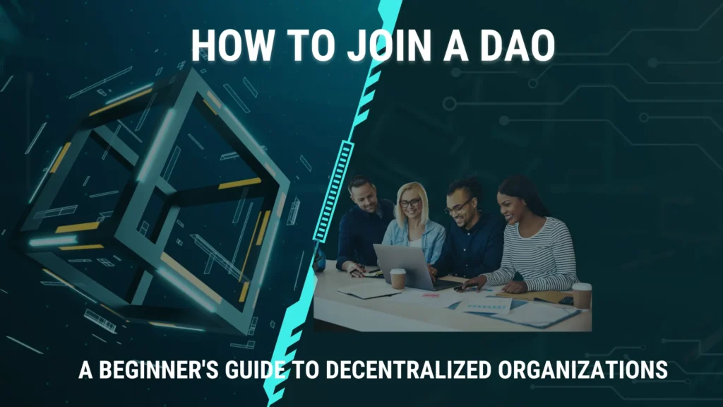 How to Join a DAO - A digital illustration featuring a diverse group of individuals gathered around a laptop, exploring the concept of decentralized organizations, with a glowing cube symbolizing blockchain and decentralization.