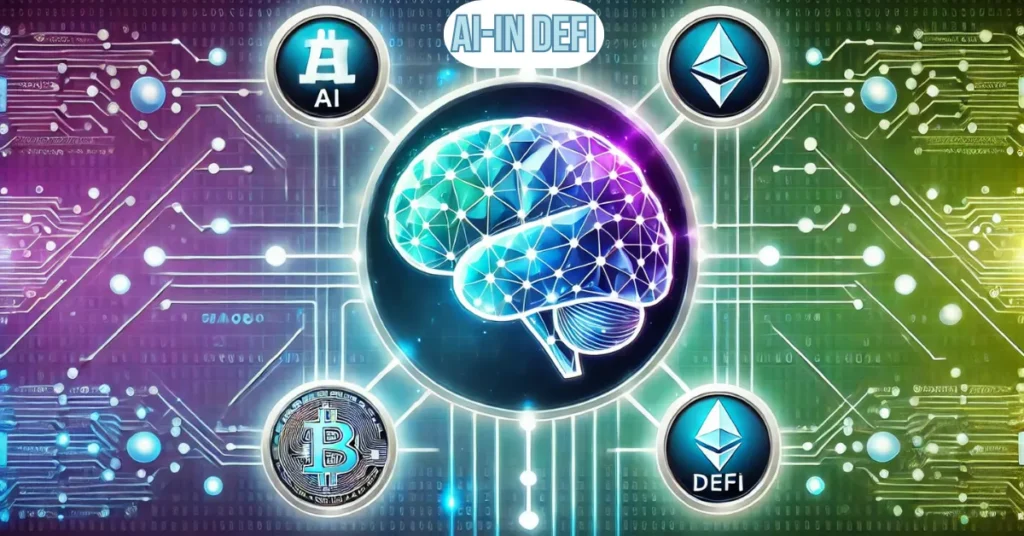 An illustration showcasing the integration of AI with DeFi, featuring a futuristic AI brain at the center, connected with cryptocurrency icons like Bitcoin, Ethereum, and DeFi. The image highlights the synergy between AI and decentralized finance.