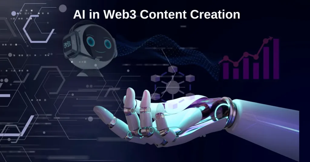 Futuristic AI-powered robotic hand holding a blockchain network symbol, with a rising graph and a digital AI assistant in a Web3-themed background.