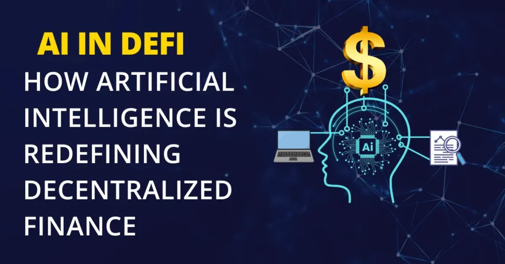 AI in DeFi: Visual representation of artificial intelligence enhancing decentralized finance, showing AI technology, digital assets, and financial growth.