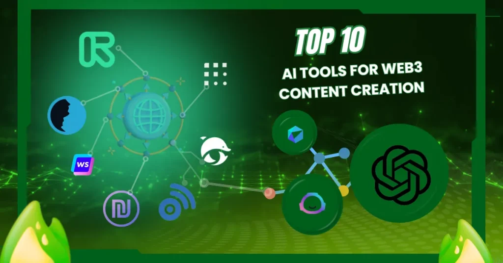 AI tools for Web3 content creation, showcasing interconnected icons and nodes representing AI-driven solutions integrated with blockchain and decentralized technologies.