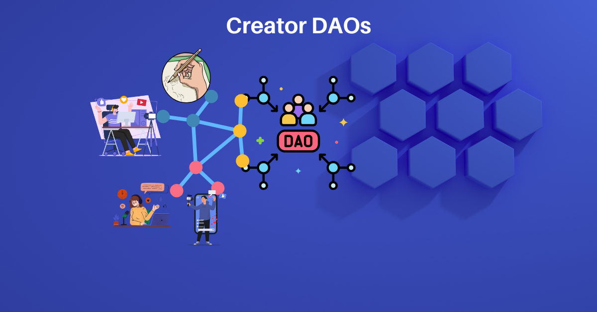 Illustration of Creator DAOs showing interconnected creators and decentralized collaboration with vibrant nodes and hexagonal blockchain-inspired design.