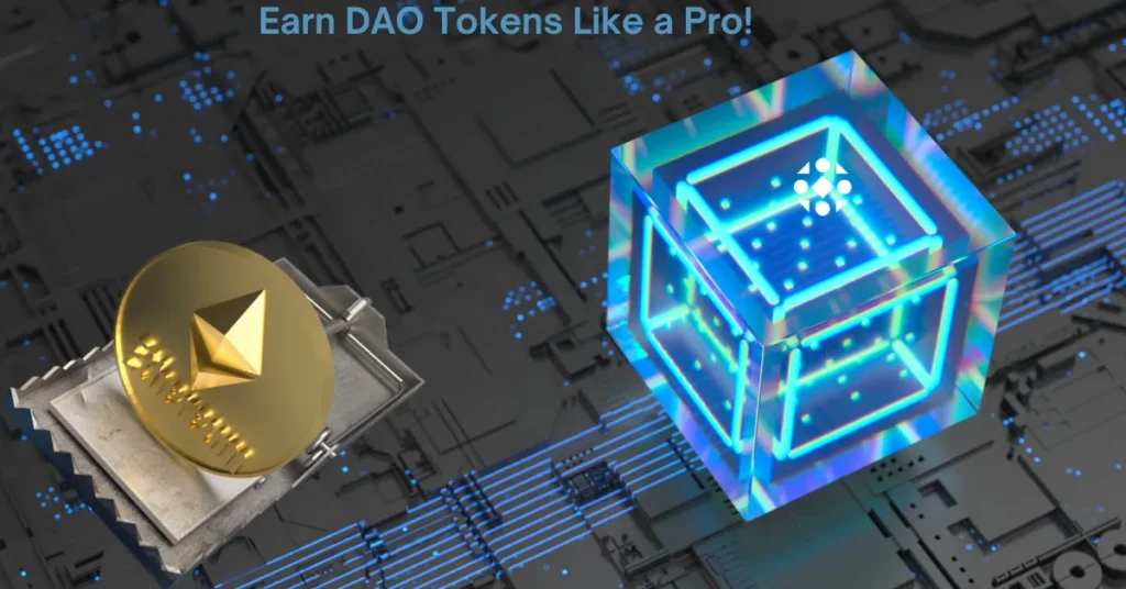 3D futuristic blockchain background featuring a crypto coin on a mousetrap, symbolizing DAO token earning strategies.