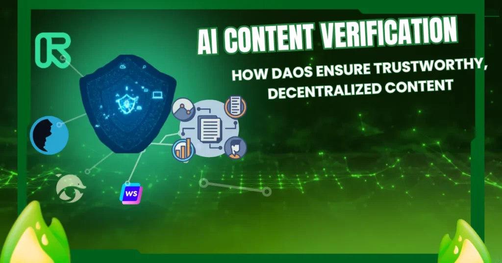 A digital shield at the center representing AI-powered content verification, connected to various DAO symbols through a network of nodes. Icons of documents, data analysis, and verification processes illustrate decentralized trust in AI-driven content authentication.