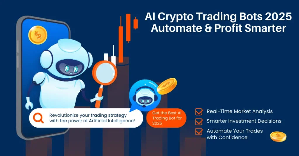 Illustration of AI-powered crypto trading bots analyzing market trends, automating trades, and maximizing profits in 2025.