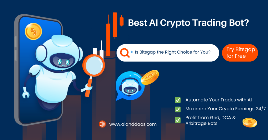 Illustration of an AI trading bot emerging from a phone, with candlestick charts, coins, and a call-to-action for Bitsgap's automated crypto trading services.