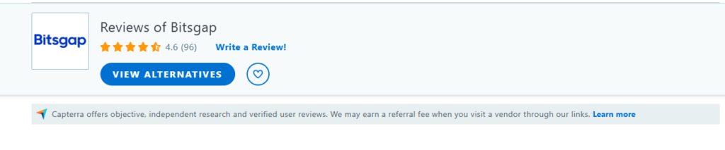 Screenshot of Bitsgap reviews on Capterra with a 4.6-star rating from 96 users.