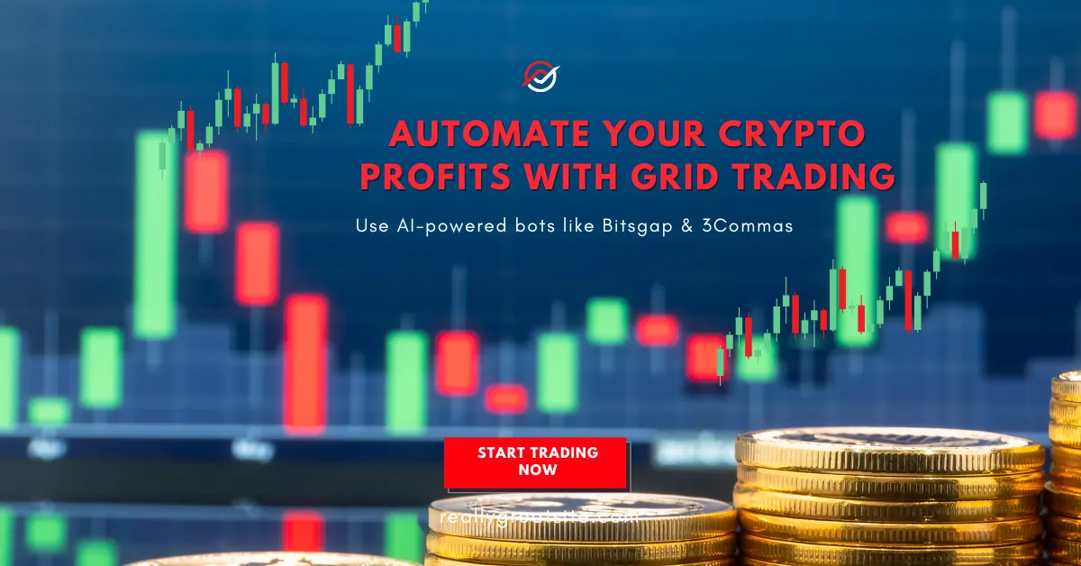 A candlestick crypto trading chart with gold coins, featuring text "Automate Your Crypto Profits with Grid Trading" and a call-to-action button.