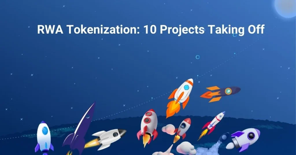 RWA Tokenization: 10 colorful rockets launching into a dark, starry space, representing 10 real world asset tokenization projects taking off.