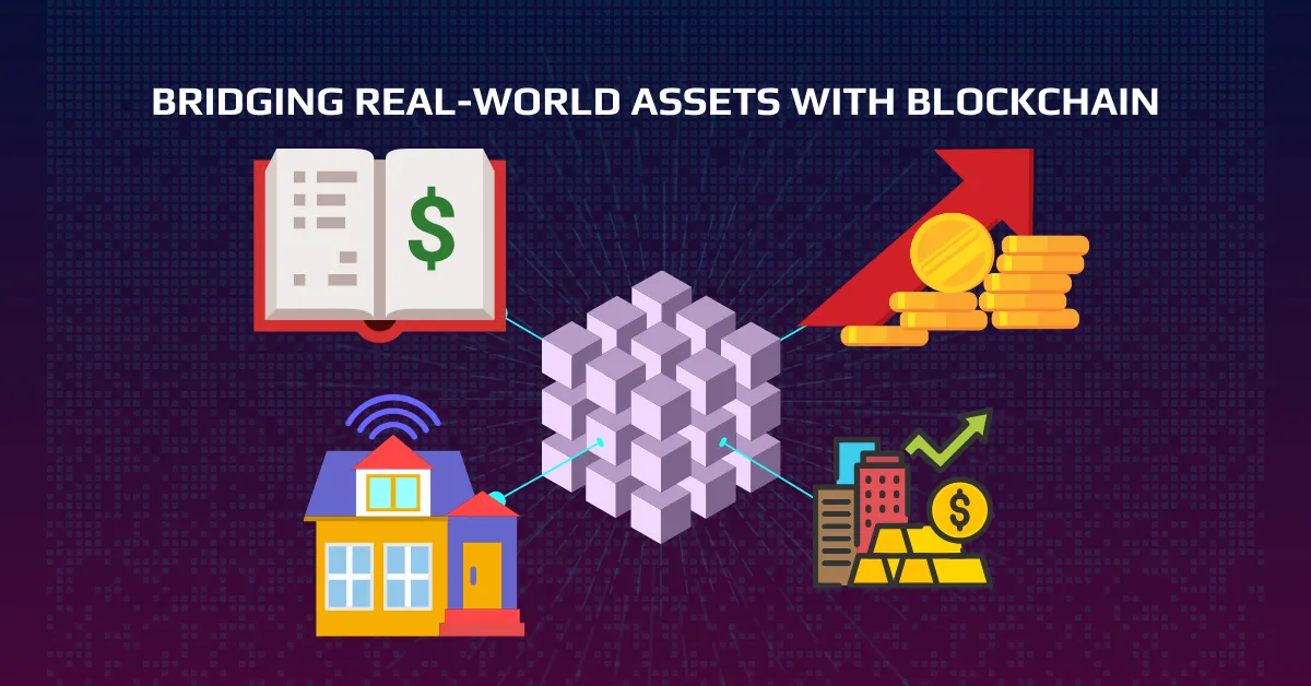 Illustration showing how Tokenized Real-World Assets (RWAs) connect real estate, finance, and blockchain technology.