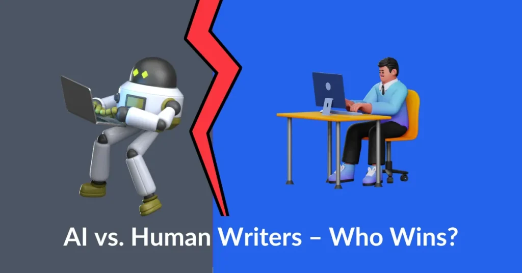 A split-screen image showing a robot typing on a laptop on the left side (gray background) and a human typing on a laptop at a desk on the right side (blue background), separated by a red lightning-shaped divider.