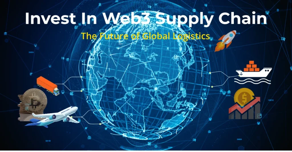 A digital illustration representing investment in Web3 supply chain technology, showing a global network connected to various modes of transport (truck, airplane, ship, rocket), cryptocurrency, and financial growth.