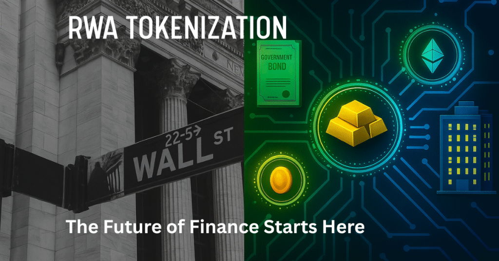 Split image showing Wall Street and tokenized real-world assets like gold, bonds, and buildings, symbolizing the shift to RWA tokenization.