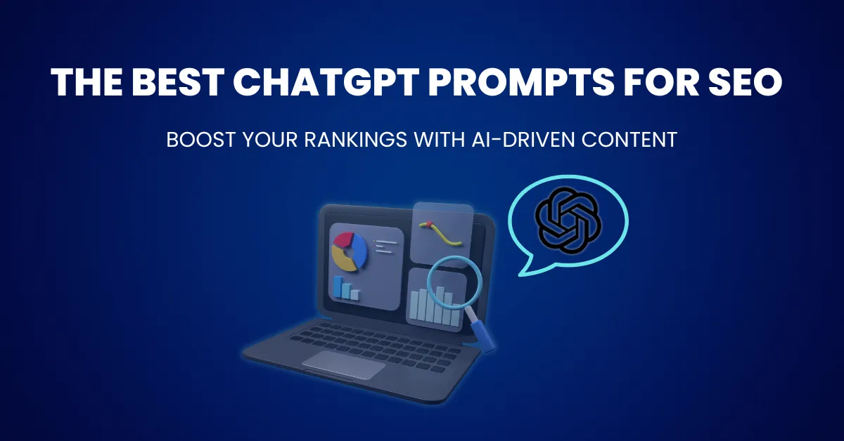 A digital illustration showing a laptop with graphs and the ChatGPT logo, representing ChatGPT prompts for SEO and how AI-driven content can improve SEO rankings.