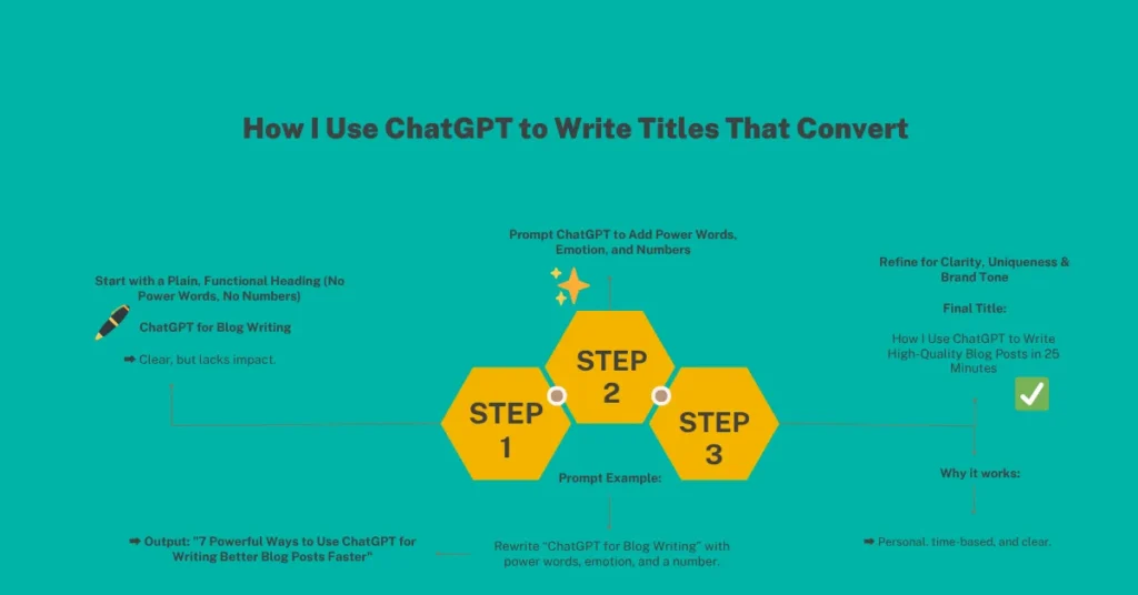 Infographic illustrating the 3-step process of how to use ChatGPT for content writing: 1. Start with a basic title, 2. Add power words and numbers, 3. Refine for clarity and brand tone.